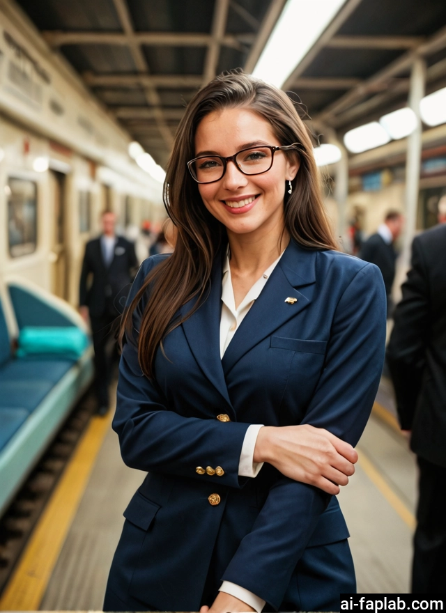 1girl, glasses, smile, brown hair, jewelry, train station