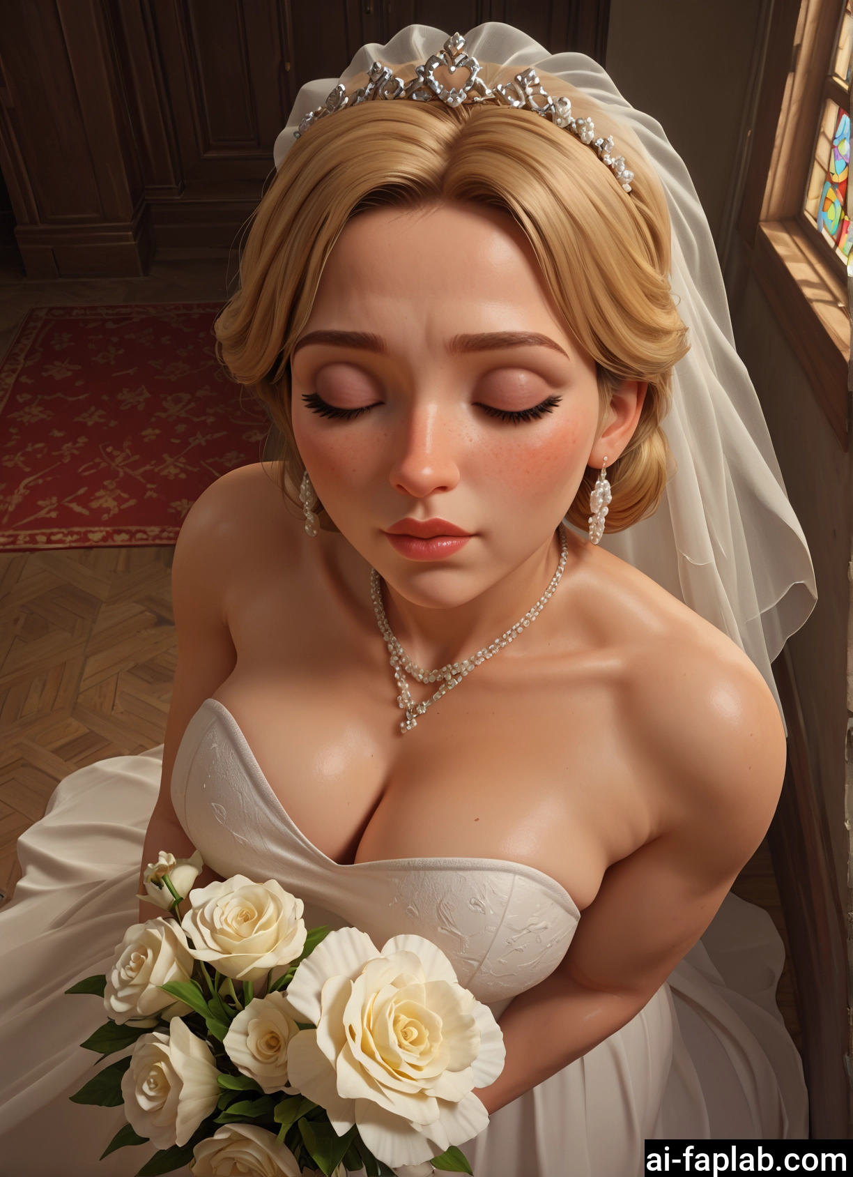1girl, breasts, dress, flower, jewelry, wedding dress · Yamete.gg
