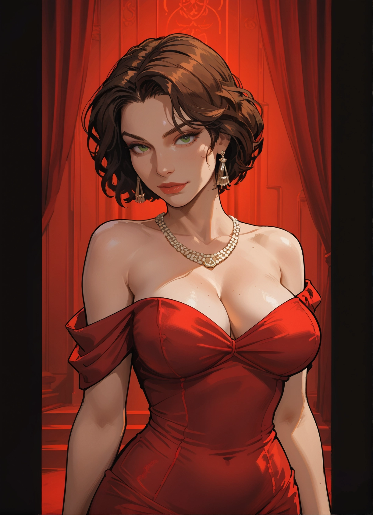 breasts, 1girl, jewelry, dress, green eyes, solo · Yamete.gg