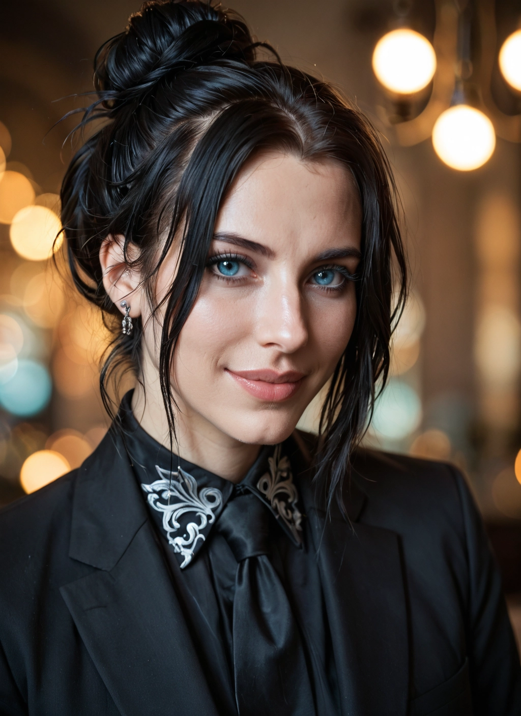 1girl, solo, jewelry, earrings, blue eyes, black hair · Yamete.gg