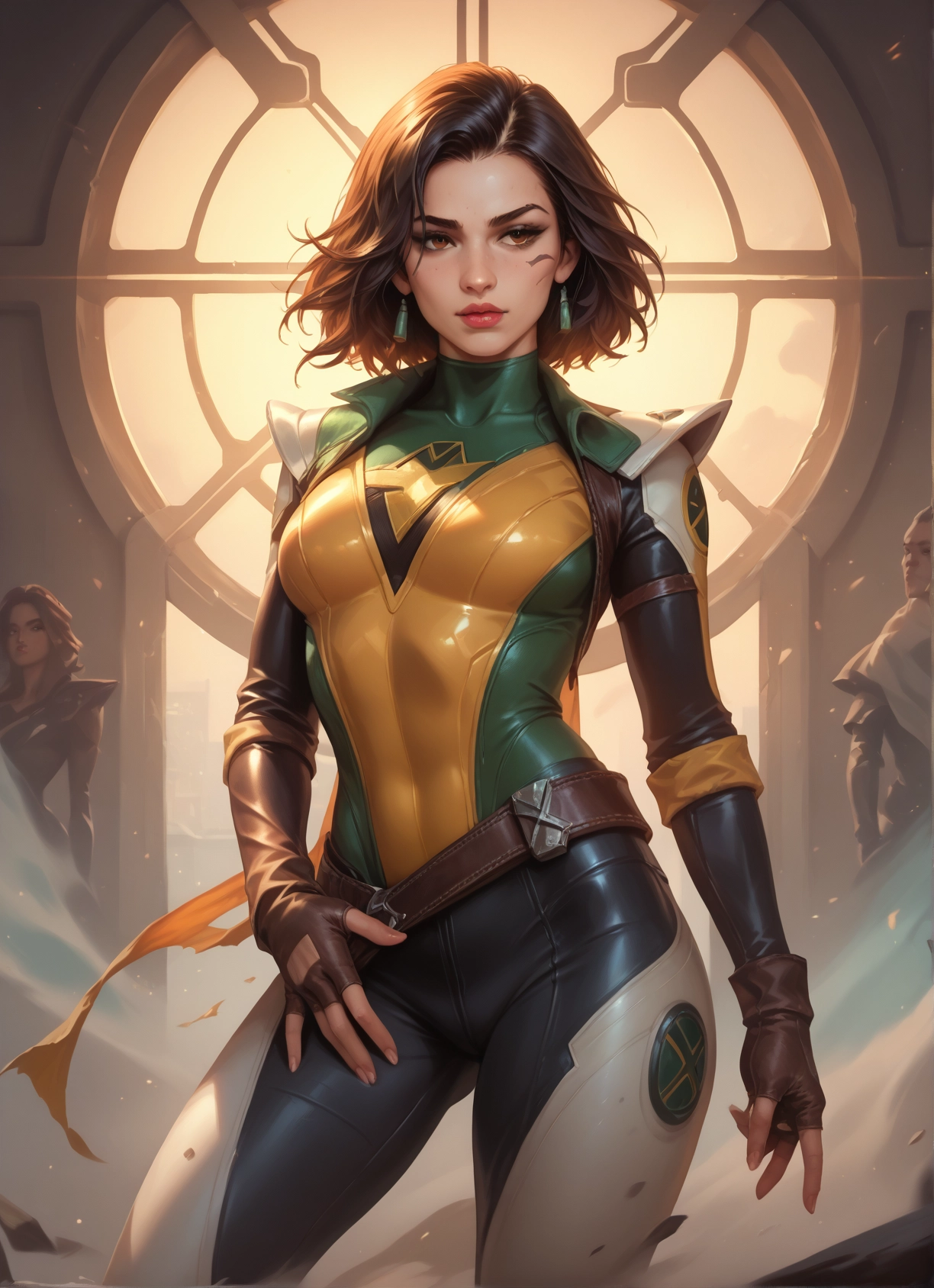 1girl, gloves, fingerless gloves, jewelry, bodysuit, earrings · Yamete.gg