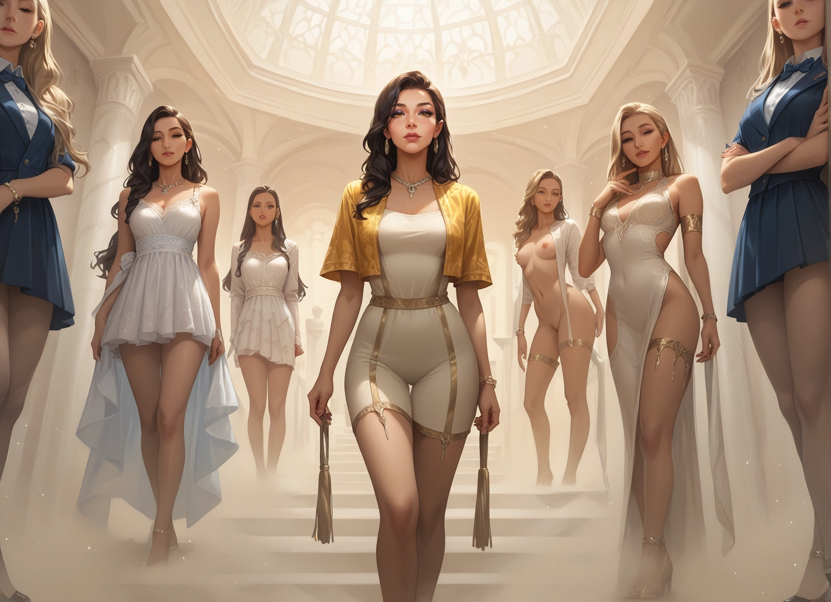 breasts, dress, jewelry, multiple girls, nipples, earrings · Yamete.gg