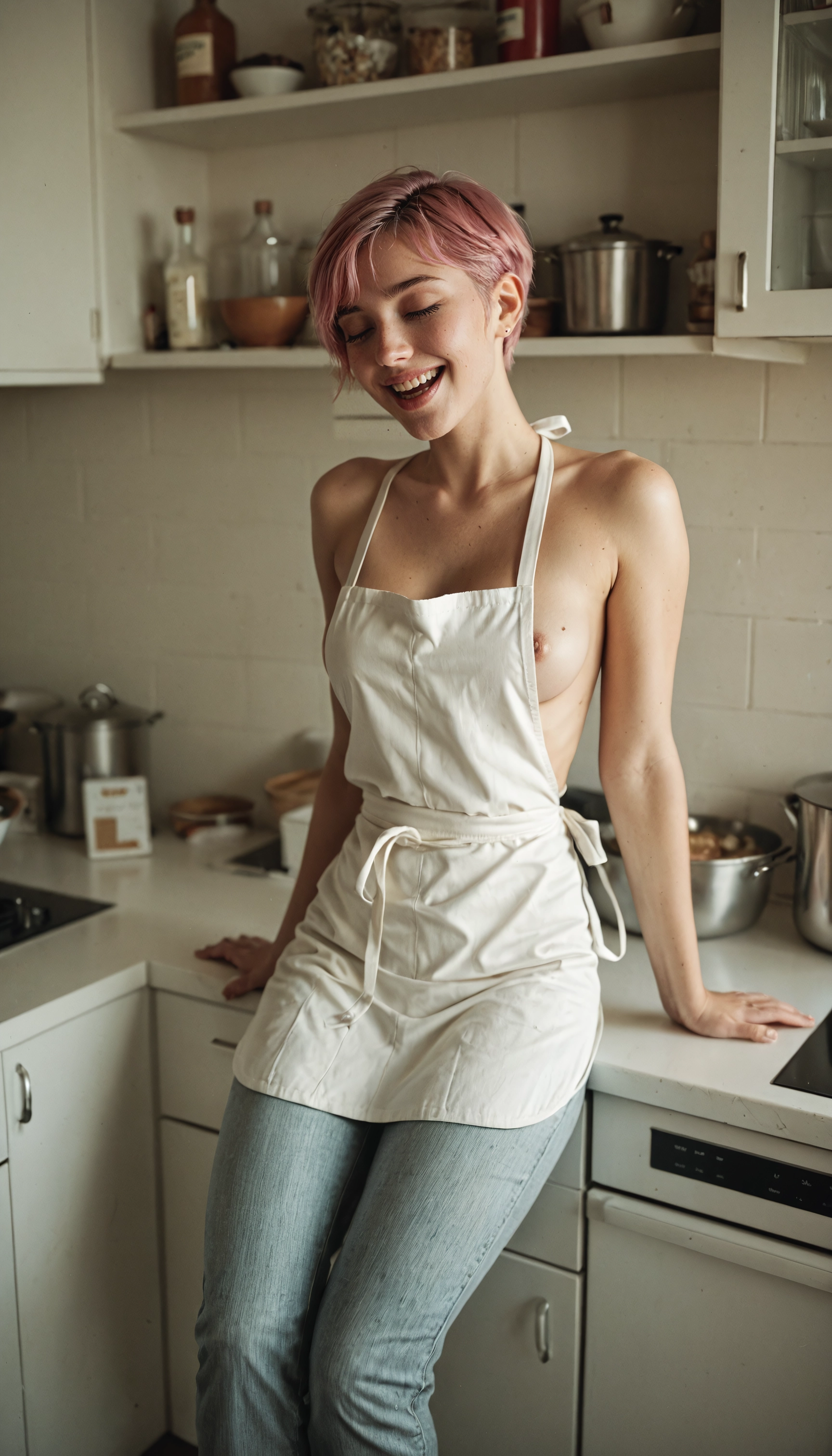 1girl, solo, apron, nipples, breasts, pink hair · Yamete.gg