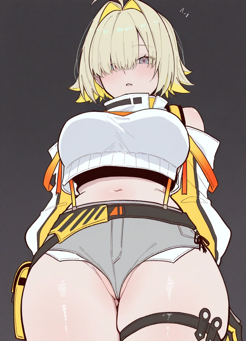 1girl, solo, breasts, shorts, blonde hair, large breasts