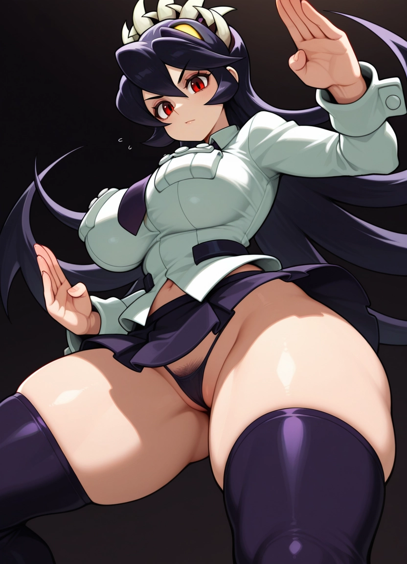 filia (skullgirls), 1girl, breasts, red eyes, solo, thighhighs · Yamete.gg