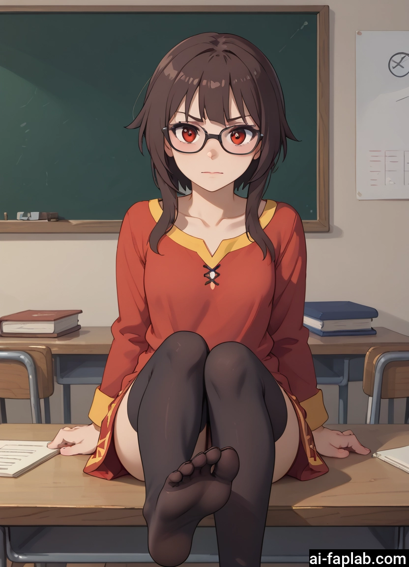 1girl, thighhighs, glasses, red eyes, solo, feet · Yamete.gg