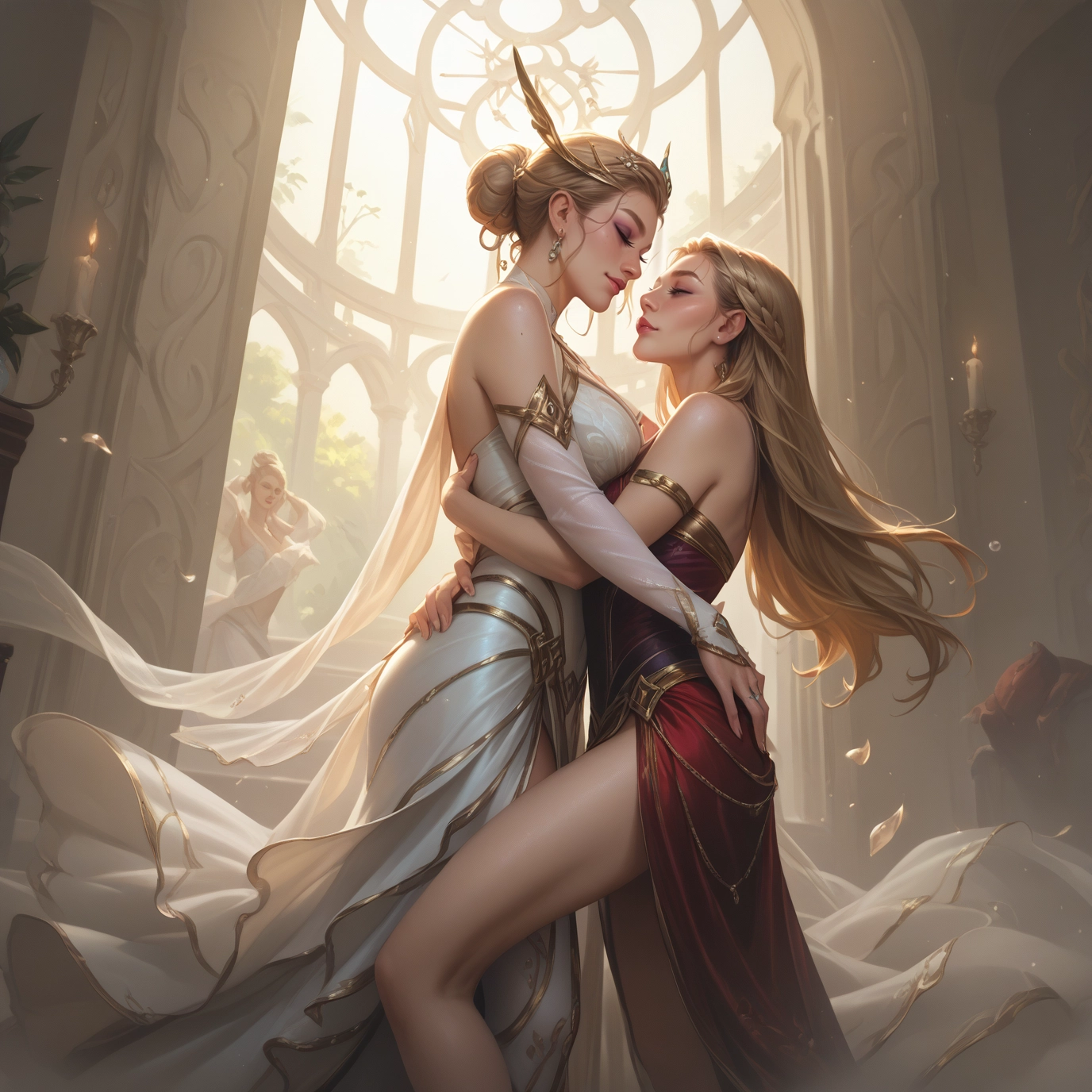 multiple girls, dress, blonde hair, yuri, jewelry, long hair · Yamete.gg