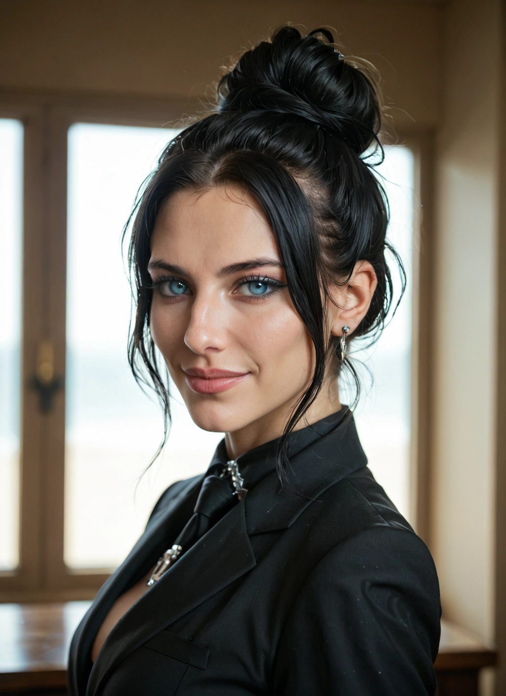 1girl, solo, jewelry, earrings, black hair, blue eyes · Yamete.gg
