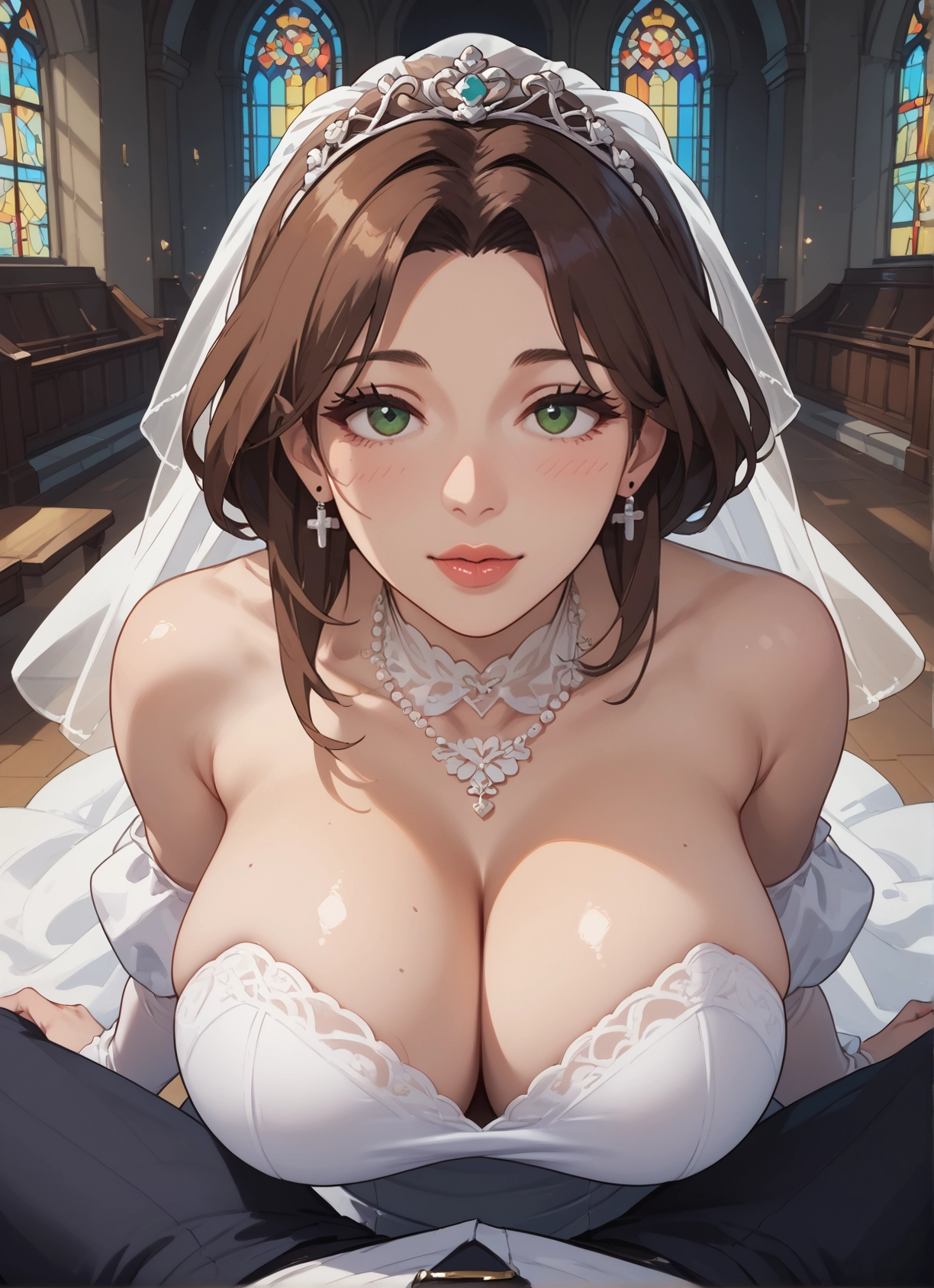 breasts, 1girl, green eyes, dress, jewelry, brown hair · Yamete.gg