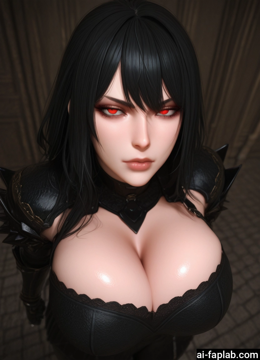 1girl, breasts, red eyes, black hair, cleavage, large breasts · Yamete.gg