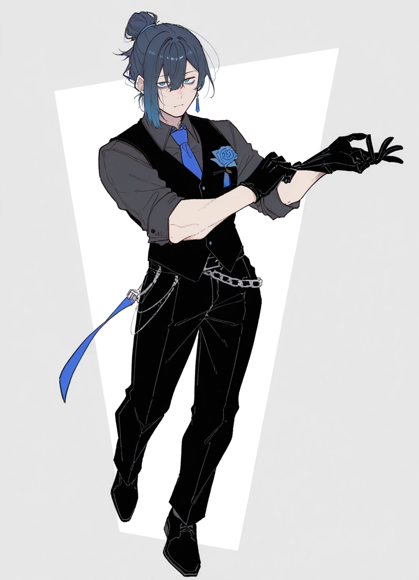 1boy, gloves, male focus, solo, necktie, blue hair · Yamete.gg
