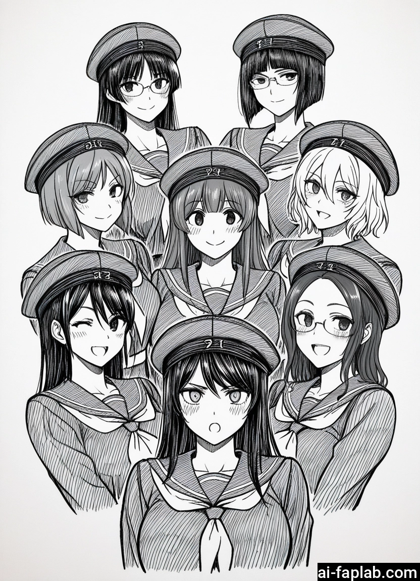 monochrome, greyscale, multiple girls, hat, 6+girls, short hair