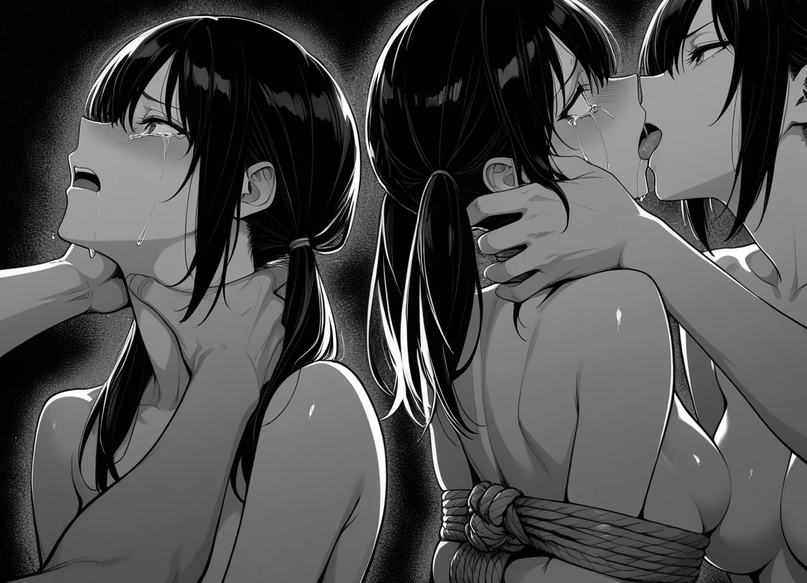 breasts, monochrome, tears, bound, greyscale, kiss