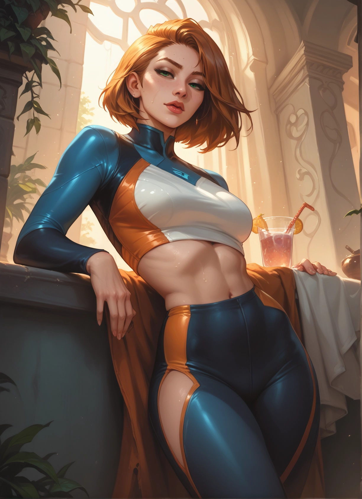 1girl, solo, breasts, green eyes, navel, looking at viewer · Yamete.gg