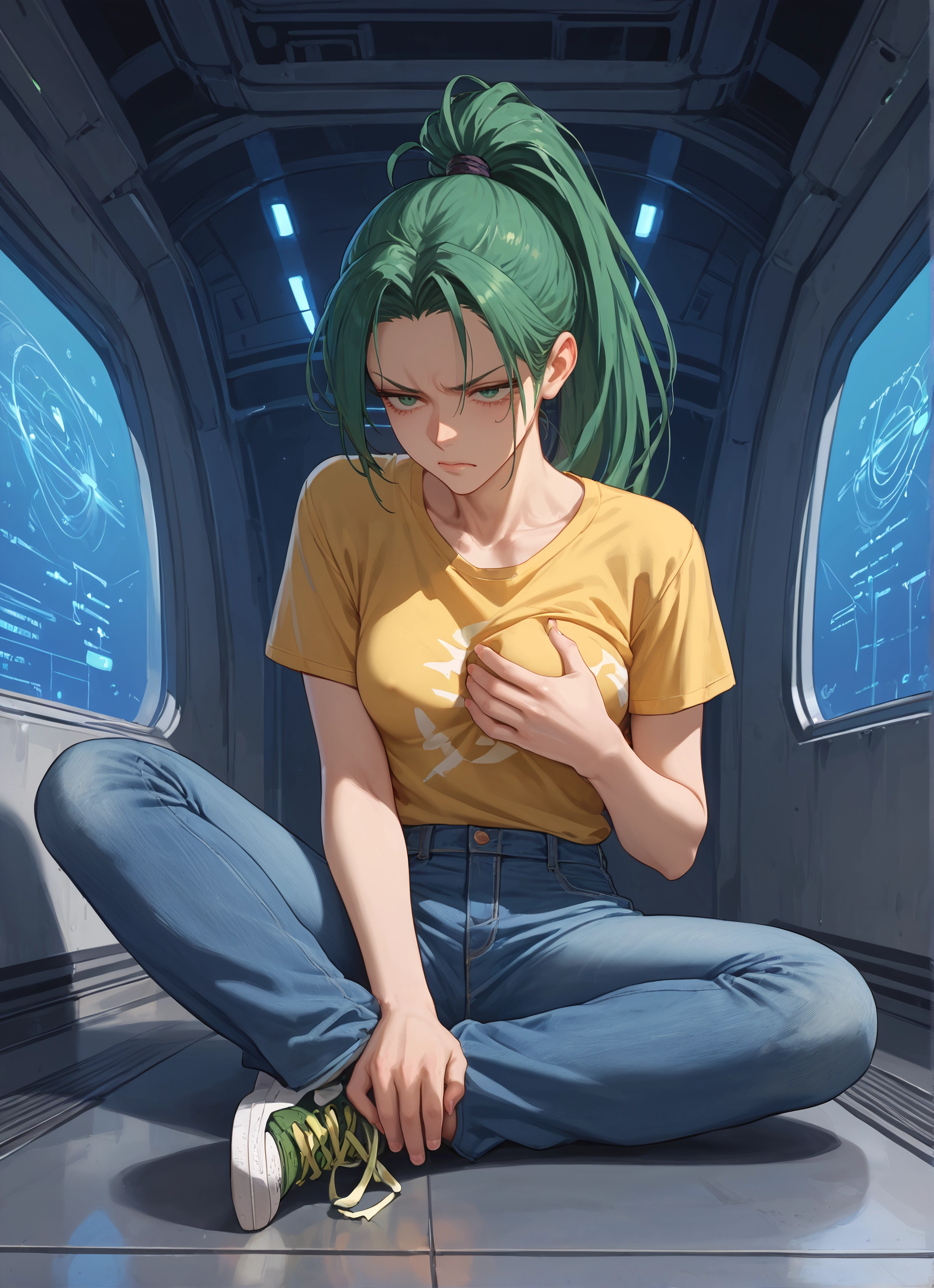 1girl, green hair, pants, shirt, sitting, solo · Yamete.gg