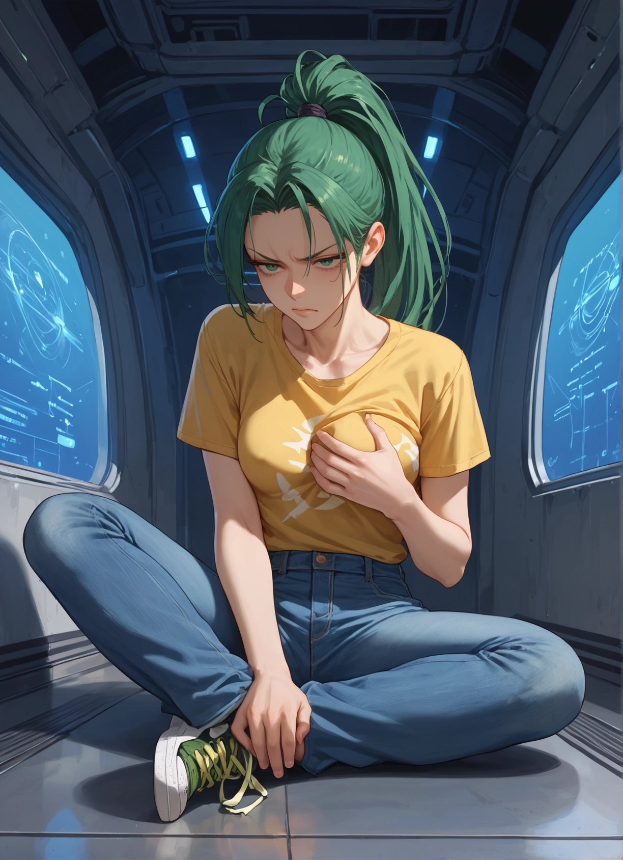 1girl, green hair, pants, shirt, sitting, solo