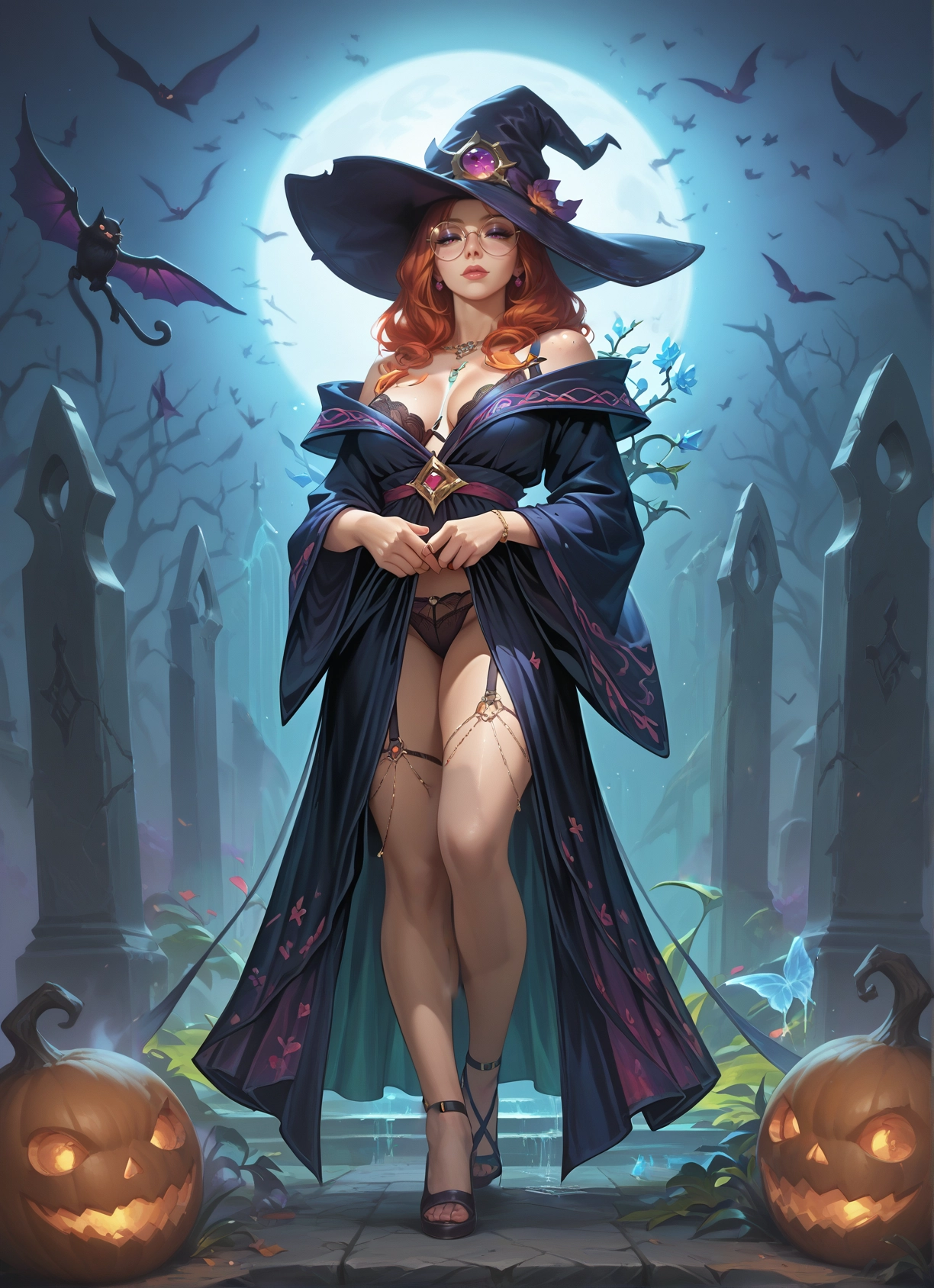 1girl, hat, witch hat, breasts, moon, glasses · Yamete.gg
