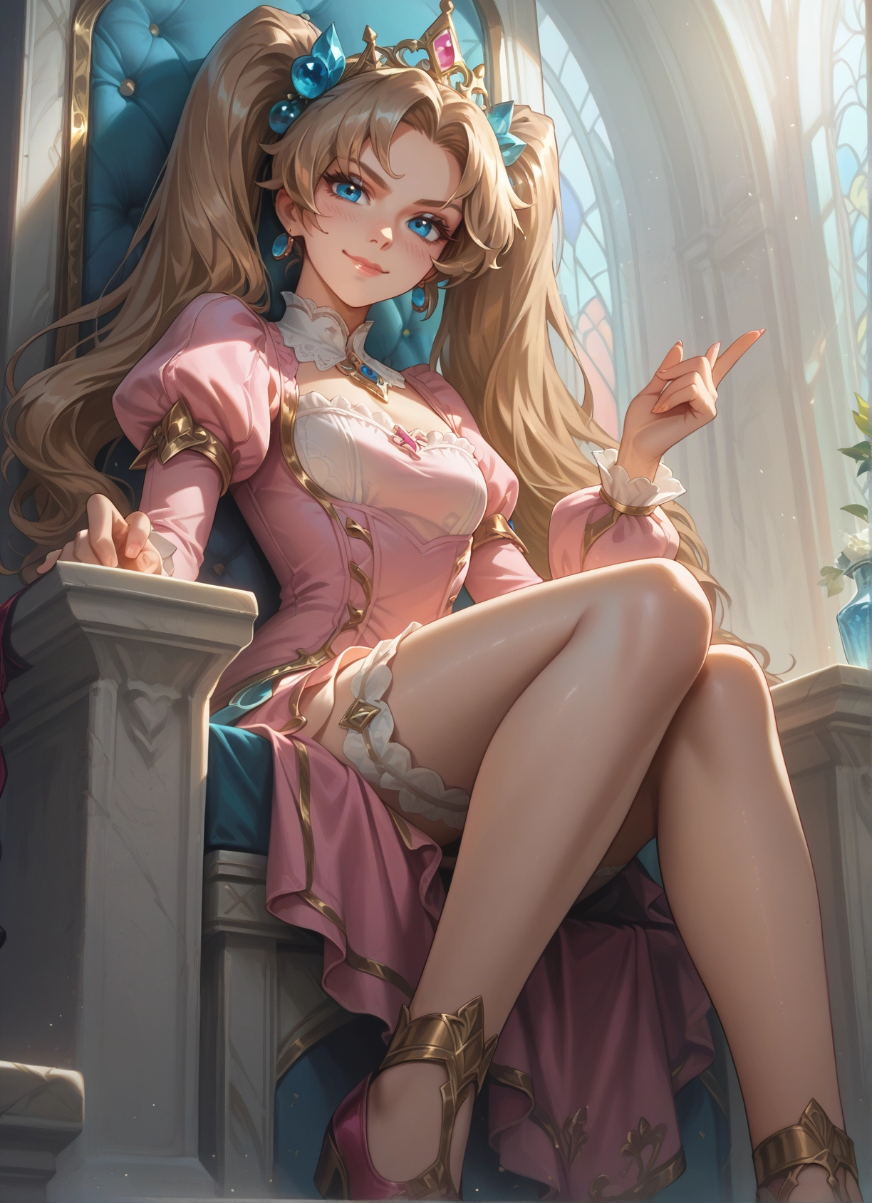 1girl, blue eyes, twintails, solo, sitting, jewelry · Yamete.gg