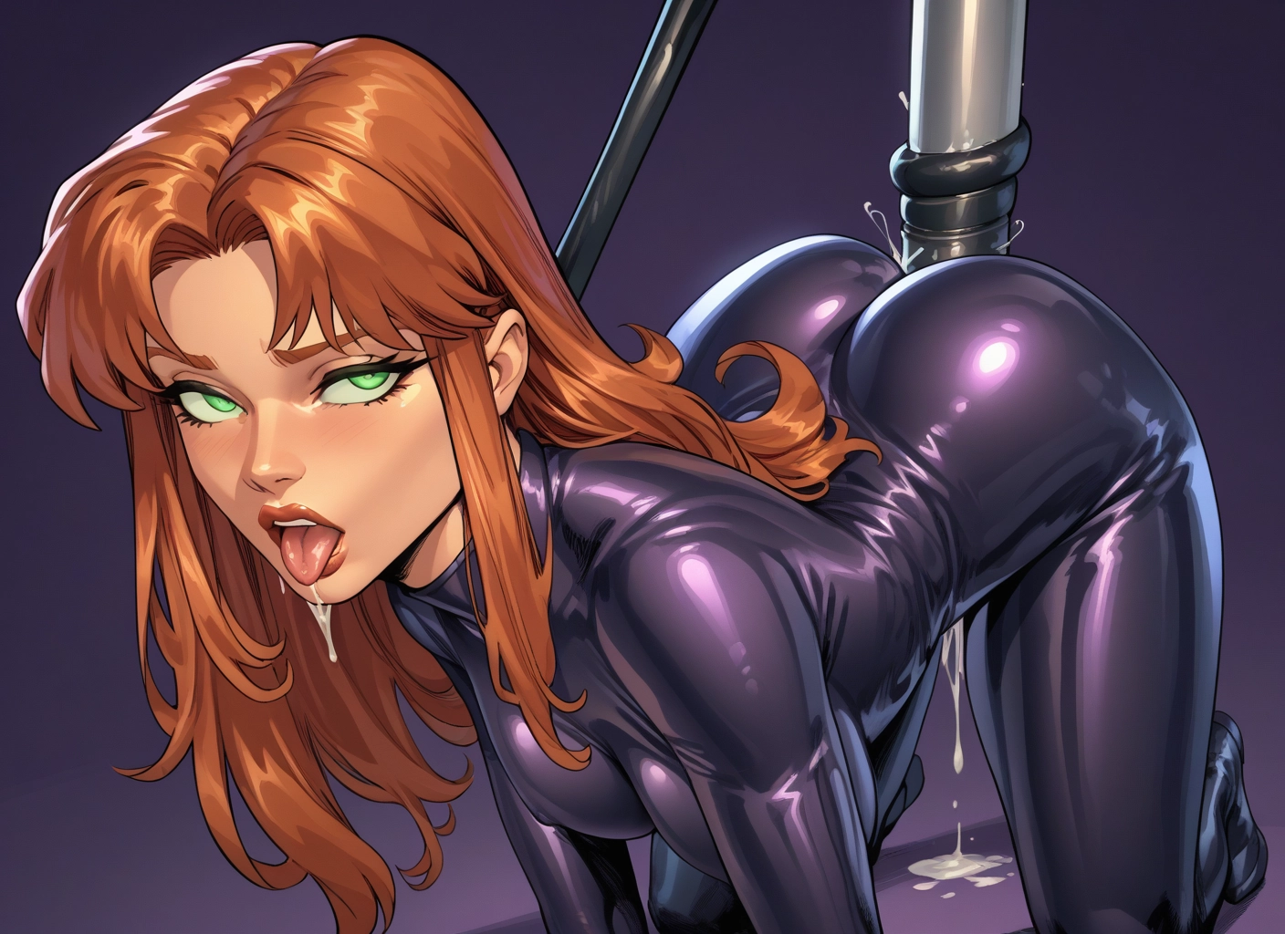 1girl, green eyes, bodysuit, solo, tongue, tongue out · Yamete.gg