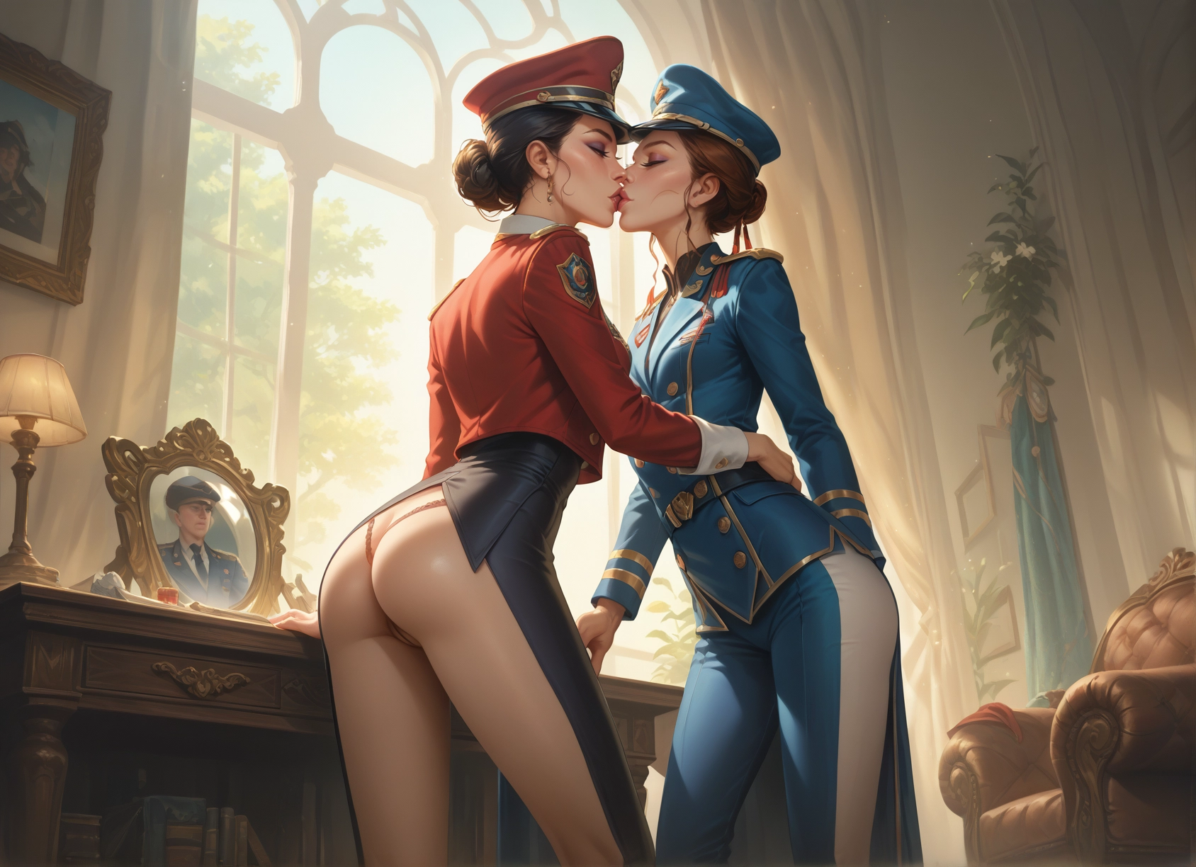 yuri, ass, hat, kiss, multiple girls, mirror · Yamete.gg