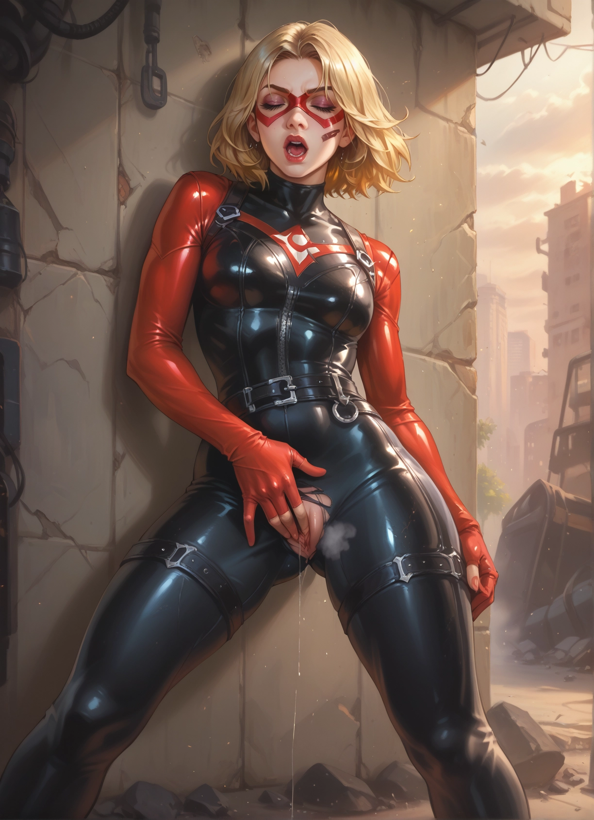 1girl, solo, blonde hair, bodysuit, mask, pussy juice · Yamete.gg