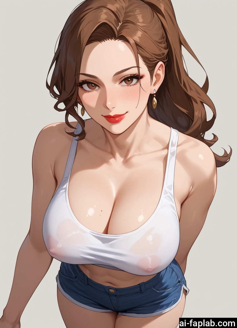 1girl, breasts, shorts, brown hair, jewelry, earrings · Yamete.gg