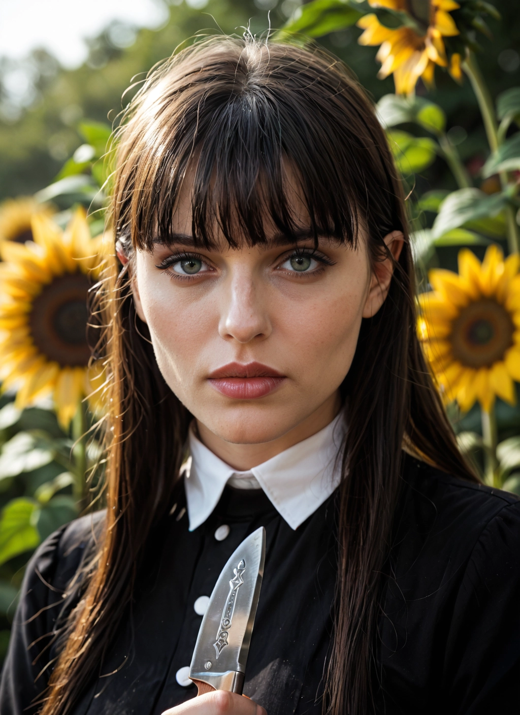 1girl, solo, flower, sunflower, knife, long hair · Yamete.gg