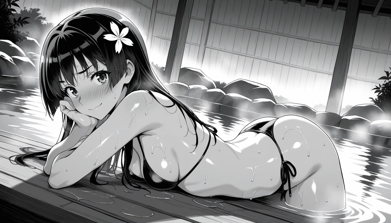 1girl, greyscale, monochrome, long hair, solo, swimsuit · Yamete.gg