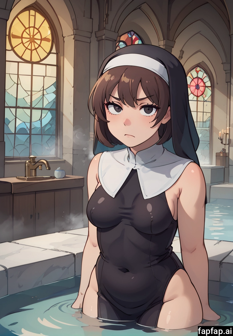 1girl, solo, brown hair, breasts, nun, short hair · Yamete.gg