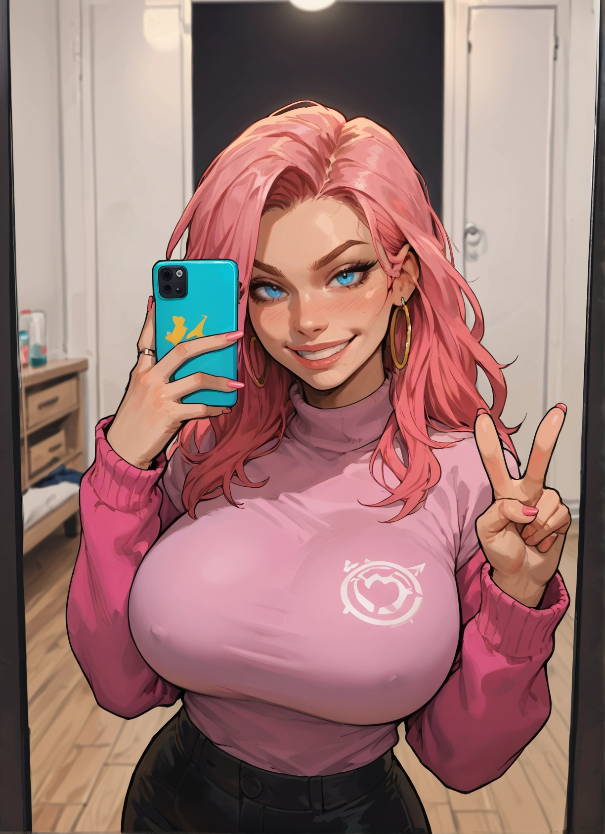 1girl, breasts, jewelry, phone, pink hair, earrings · Yamete.gg