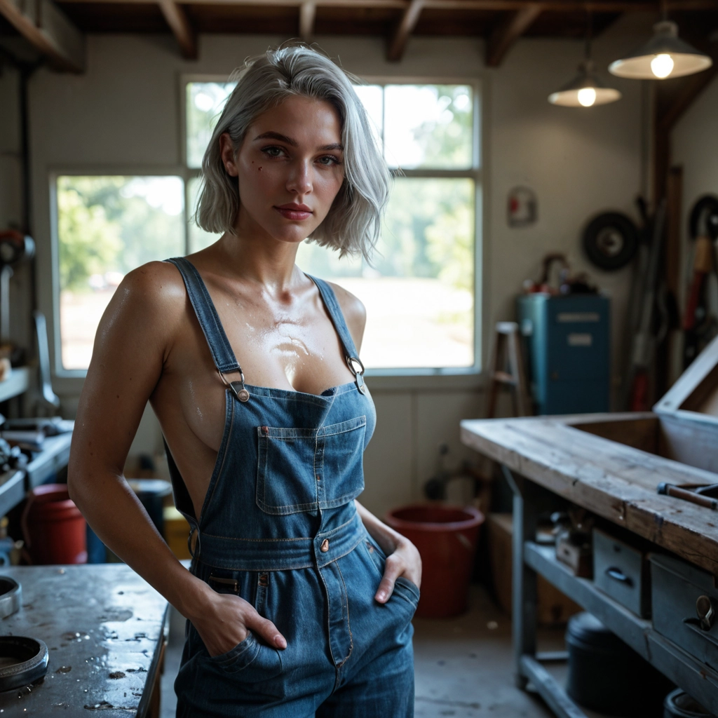 1girl, breasts, solo, realistic, hands in pockets, overalls · Yamete.gg