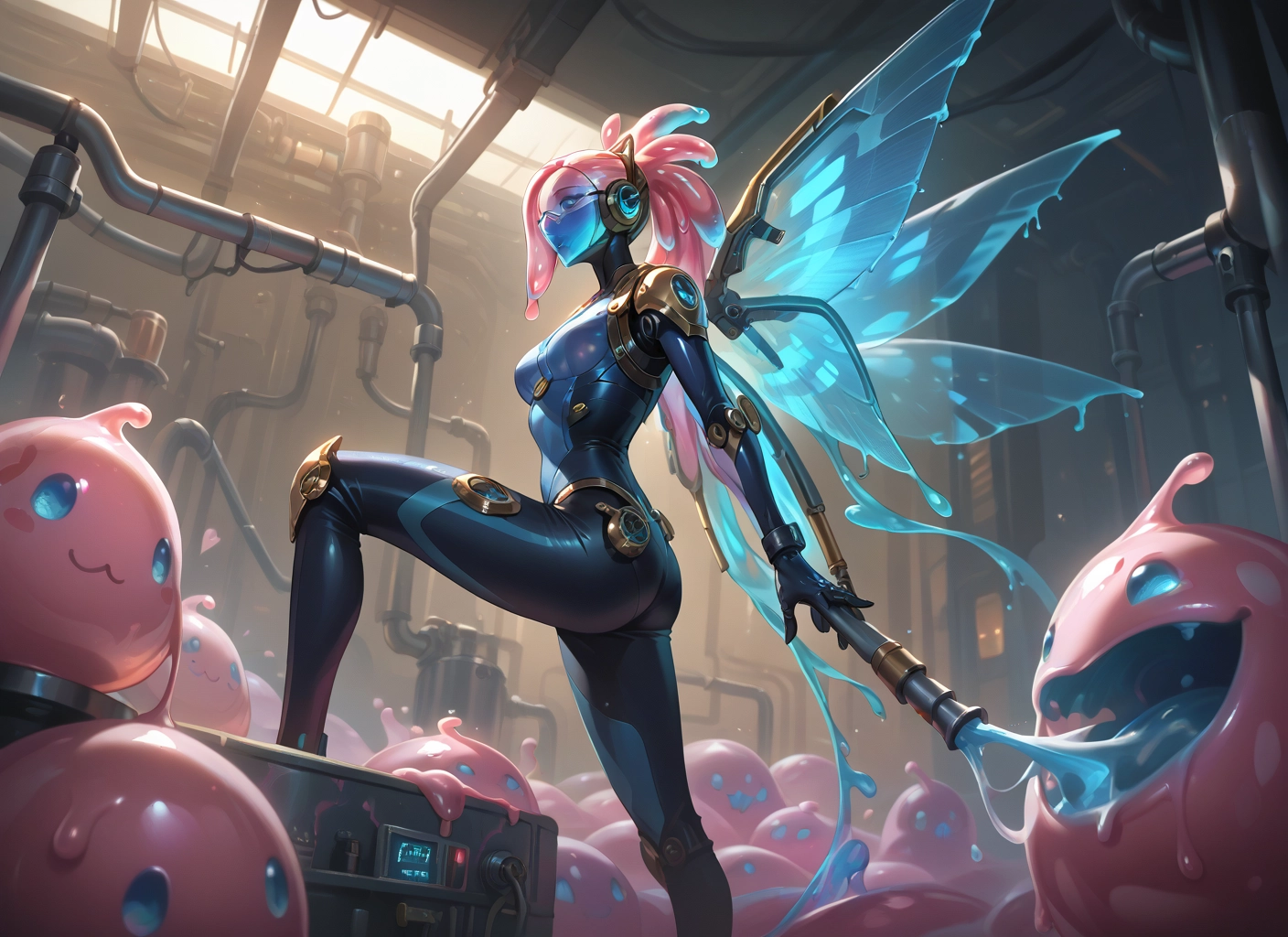 1girl, wings, breasts, pink hair, blue eyes, medium breasts · Yamete.gg