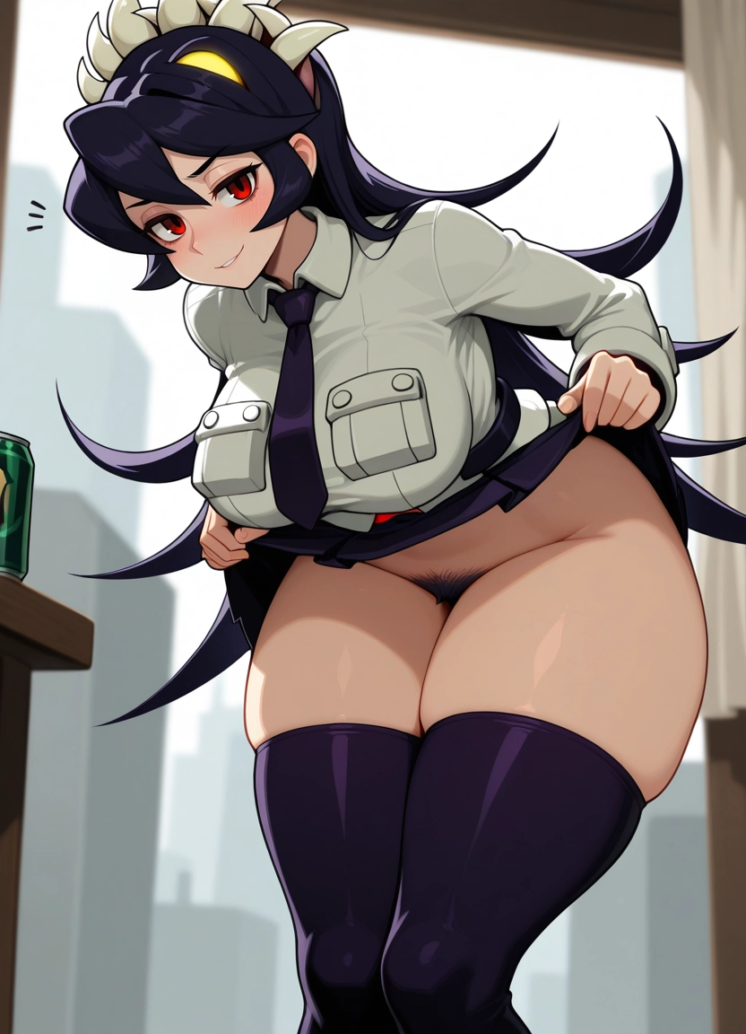 1girl, filia (skullgirls), breasts, female pubic hair, thighhighs, pubic hair · Yamete.gg
