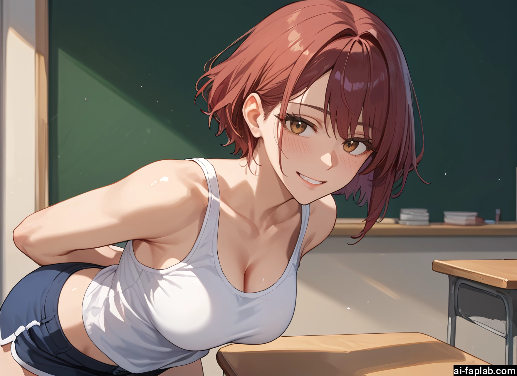 breasts, 1girl, shorts, smile, cleavage, solo · Yamete.gg