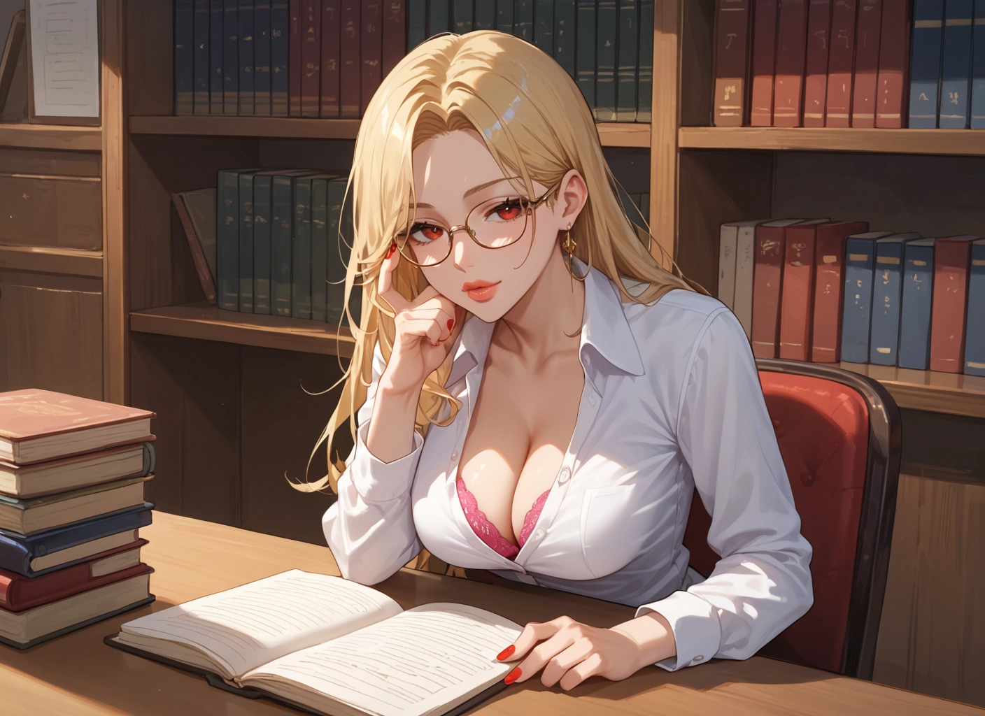 1girl, breasts, blonde hair, book, underwear, cleavage · Yamete.gg