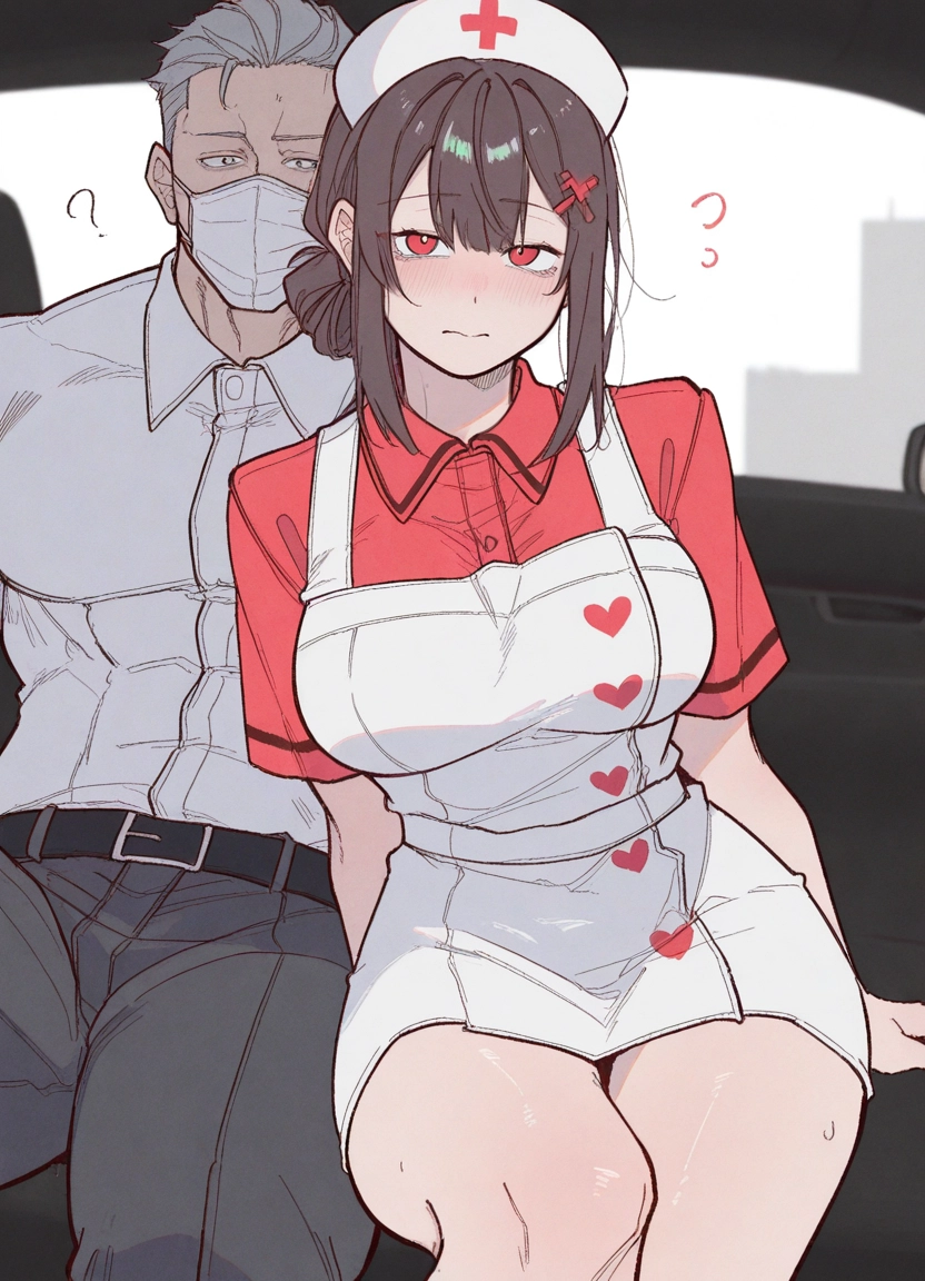 1girl, 1boy, hat, nurse cap, shirt, mask