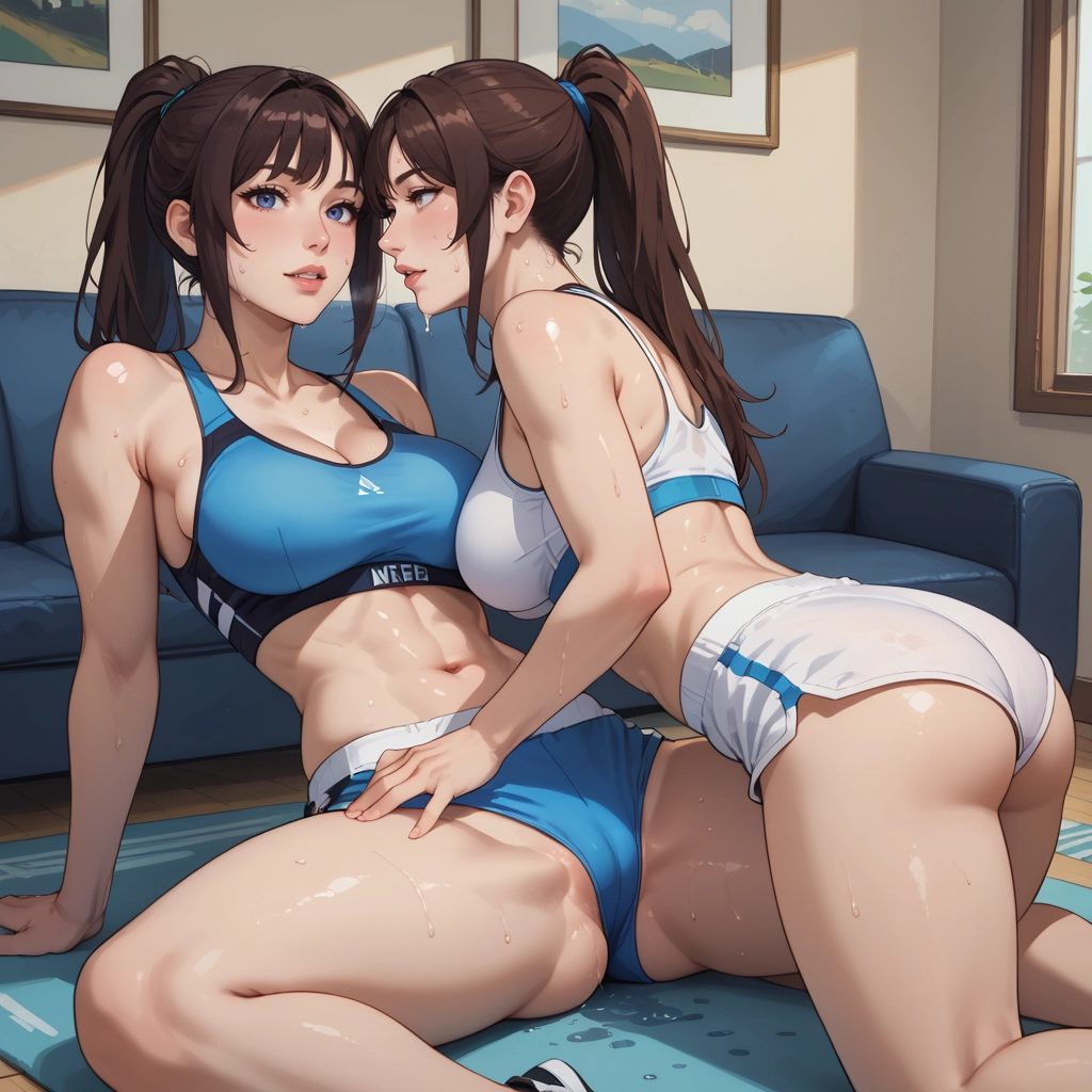 breasts, 2girls, multiple girls, sports bra, brown hair, navel · Yamete.gg