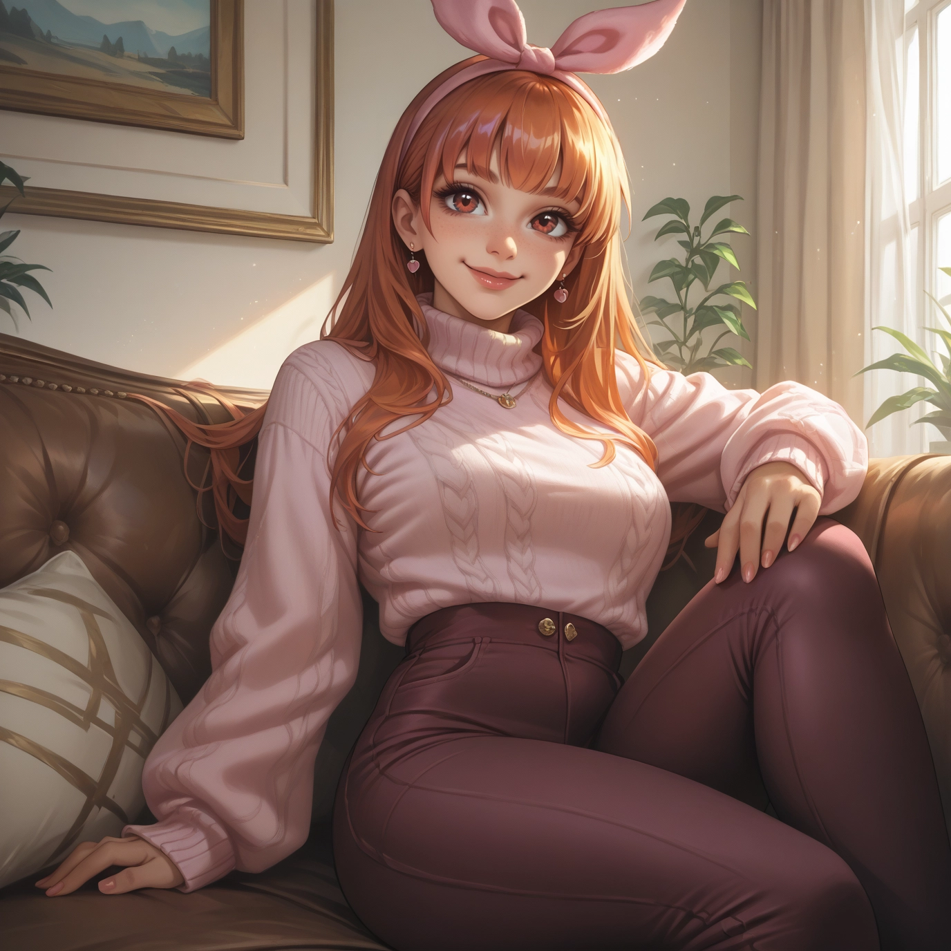 1girl, solo, jewelry, sweater, earrings, long hair · Yamete.gg