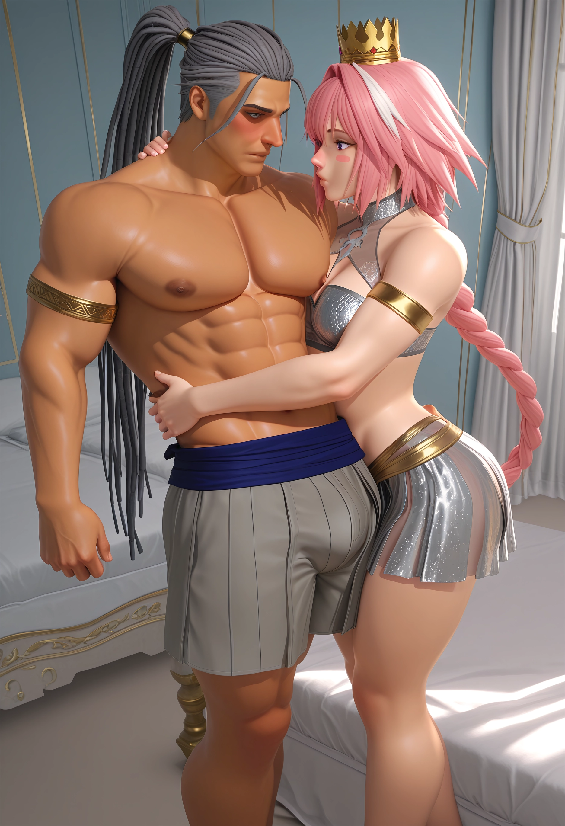 yaoi, bara, pink hair, 1boy, braid, 1girl · Yamete.gg