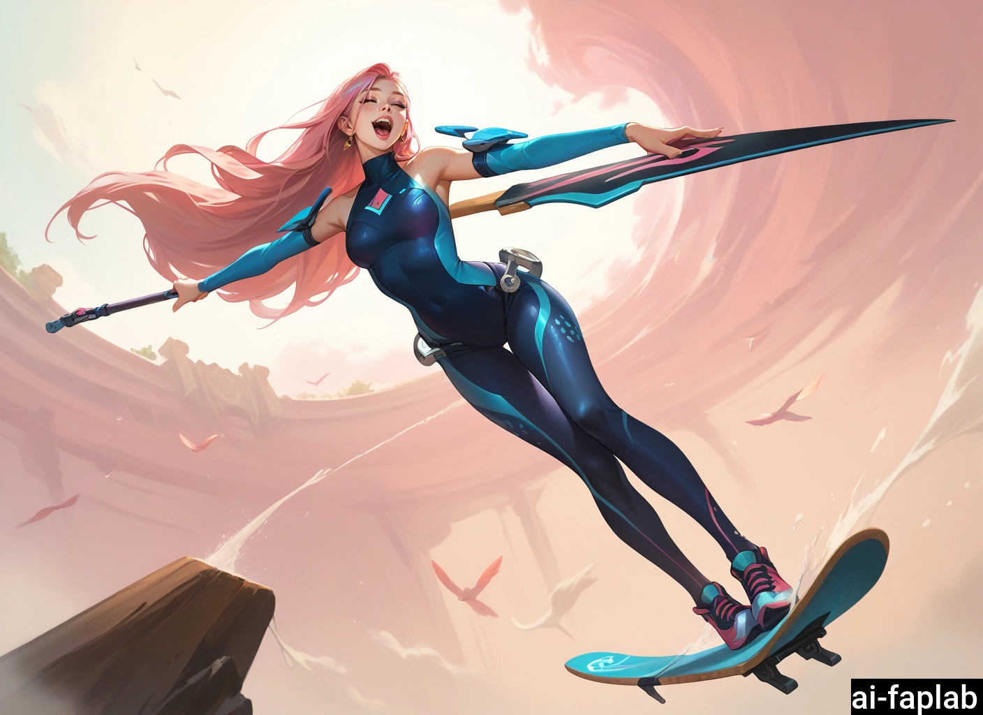 1girl, long hair, solo, open mouth, pink hair, bodysuit · Yamete.gg