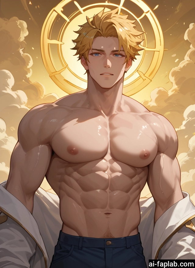 bara, male focus, 1boy, blonde hair, pectorals, muscular