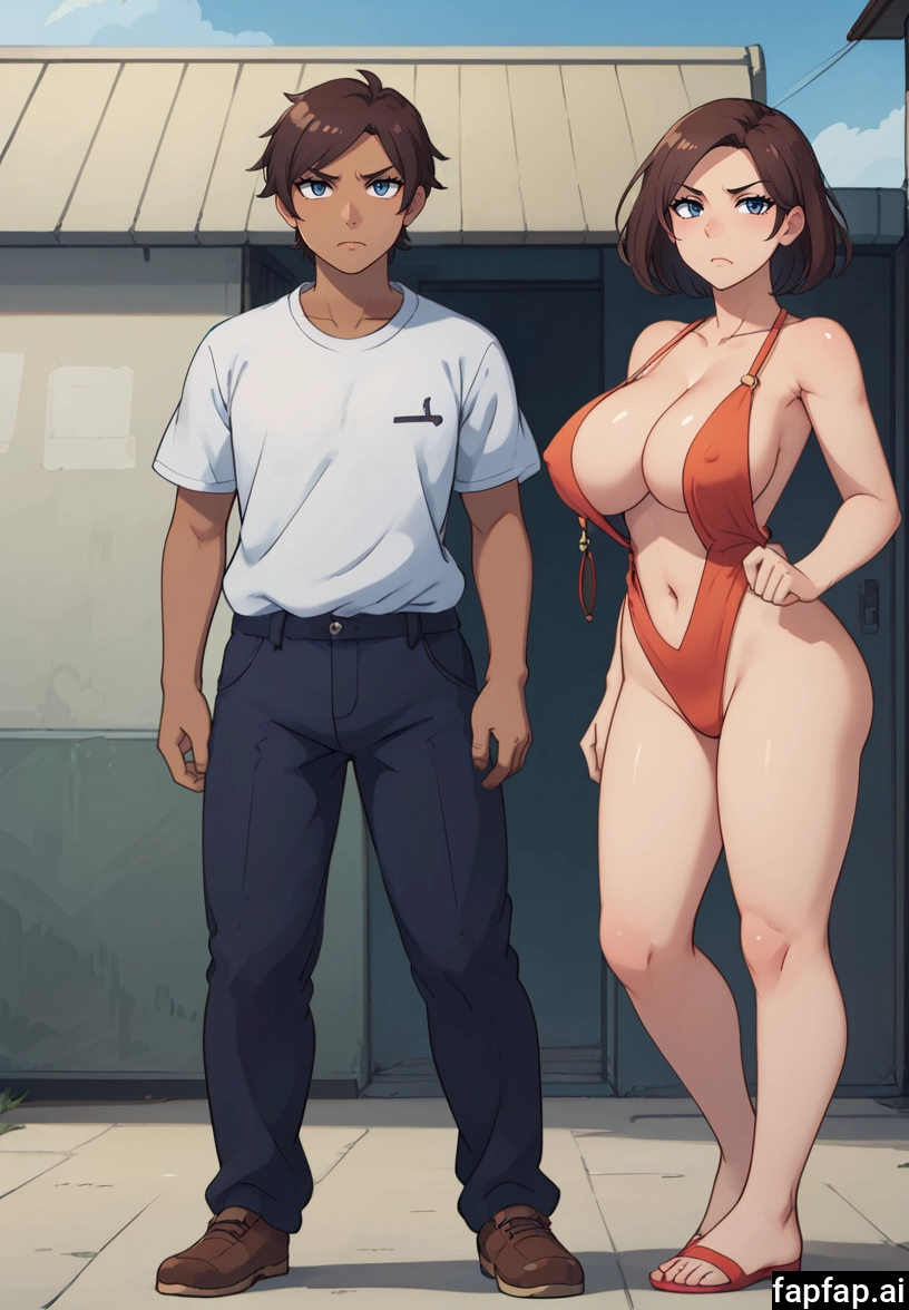 1girl, 1boy, breasts, brown hair, blue eyes, swimsuit · Yamete.gg