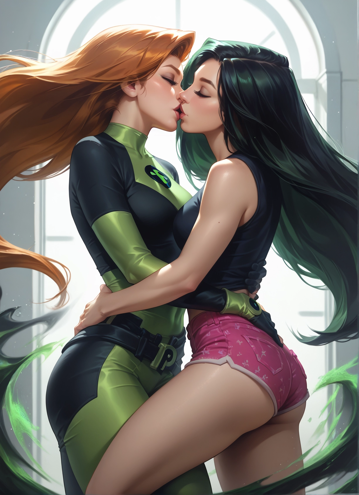 multiple girls, 2girls, yuri, kiss, closed eyes, shorts · Yamete.gg