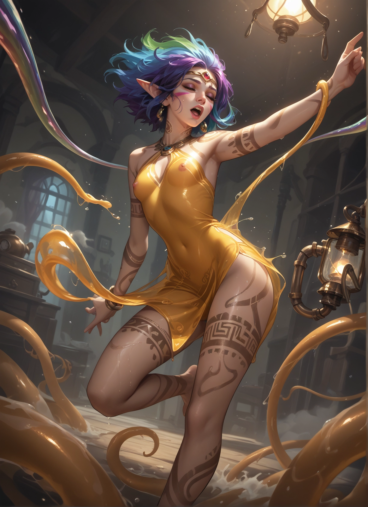 1girl, pointy ears, breasts, jewelry, nipples, dress · Yamete.gg