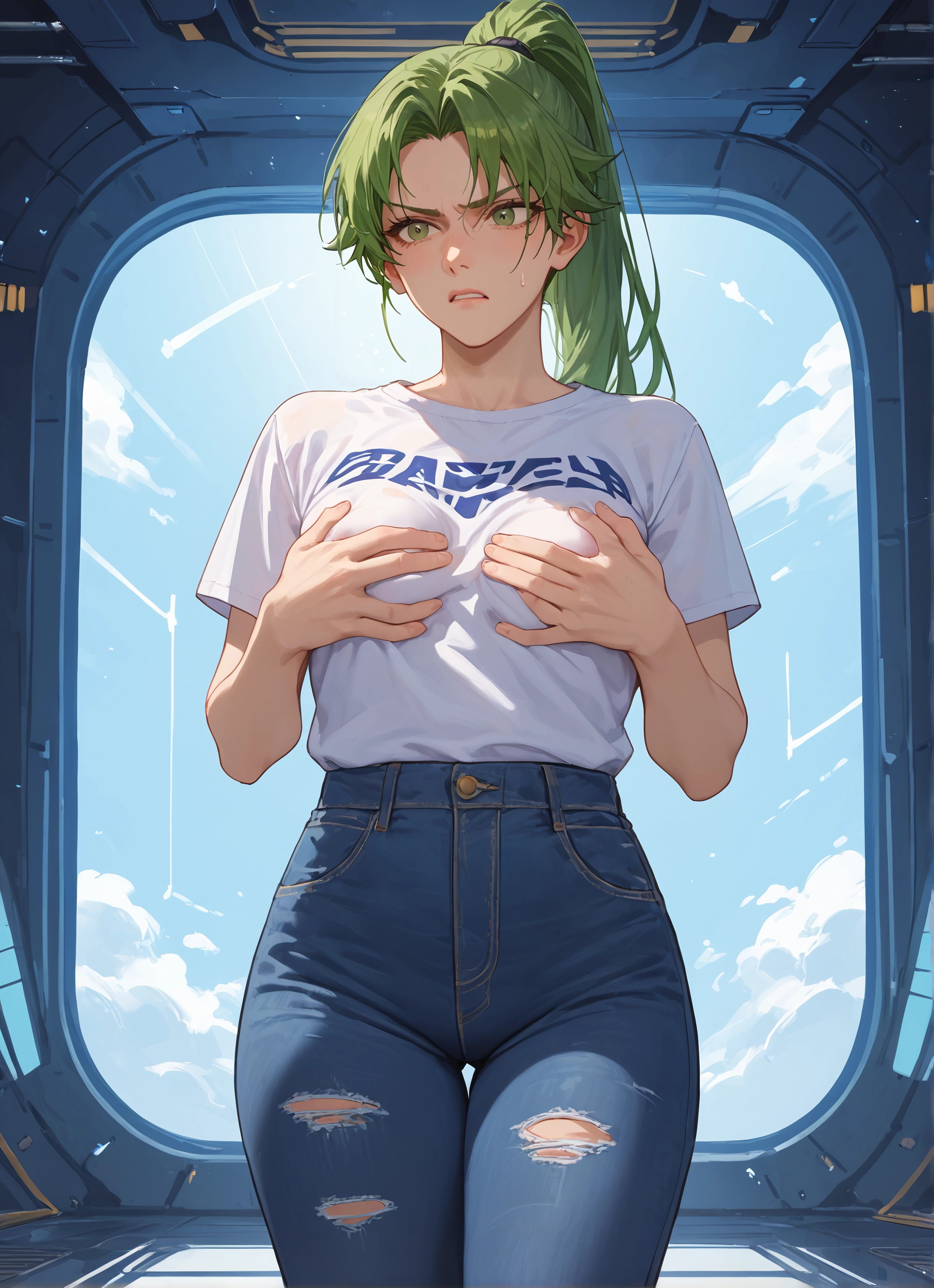 1girl, green eyes, green hair, pants, shirt, denim · Yamete.gg