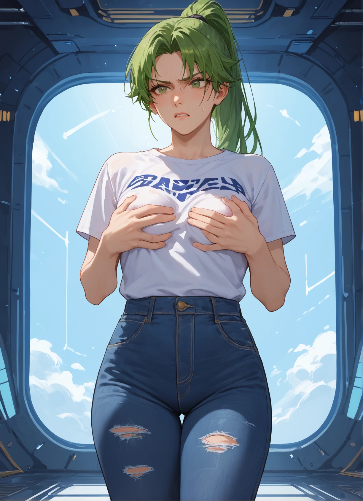 1girl, green eyes, green hair, pants, shirt, denim