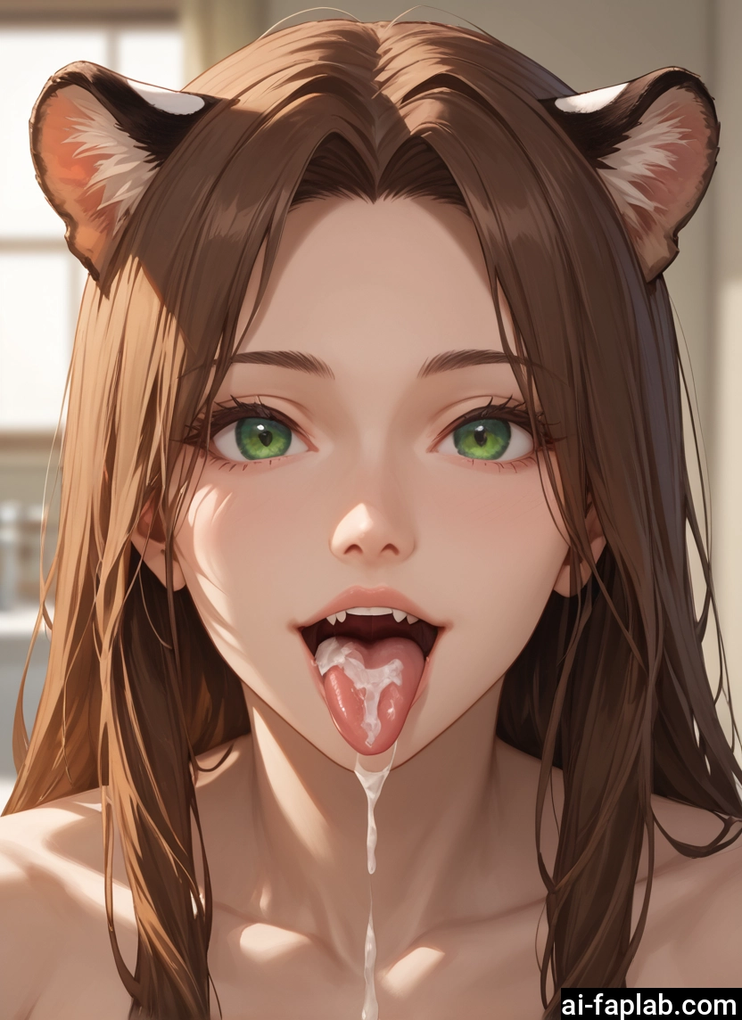 1girl, animal ears, solo, green eyes, cum, tongue · Yamete.gg