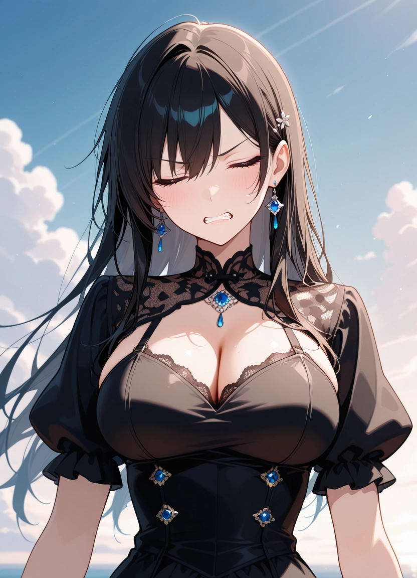 1girl, breasts, jewelry, earrings, solo, long hair · Yamete.gg