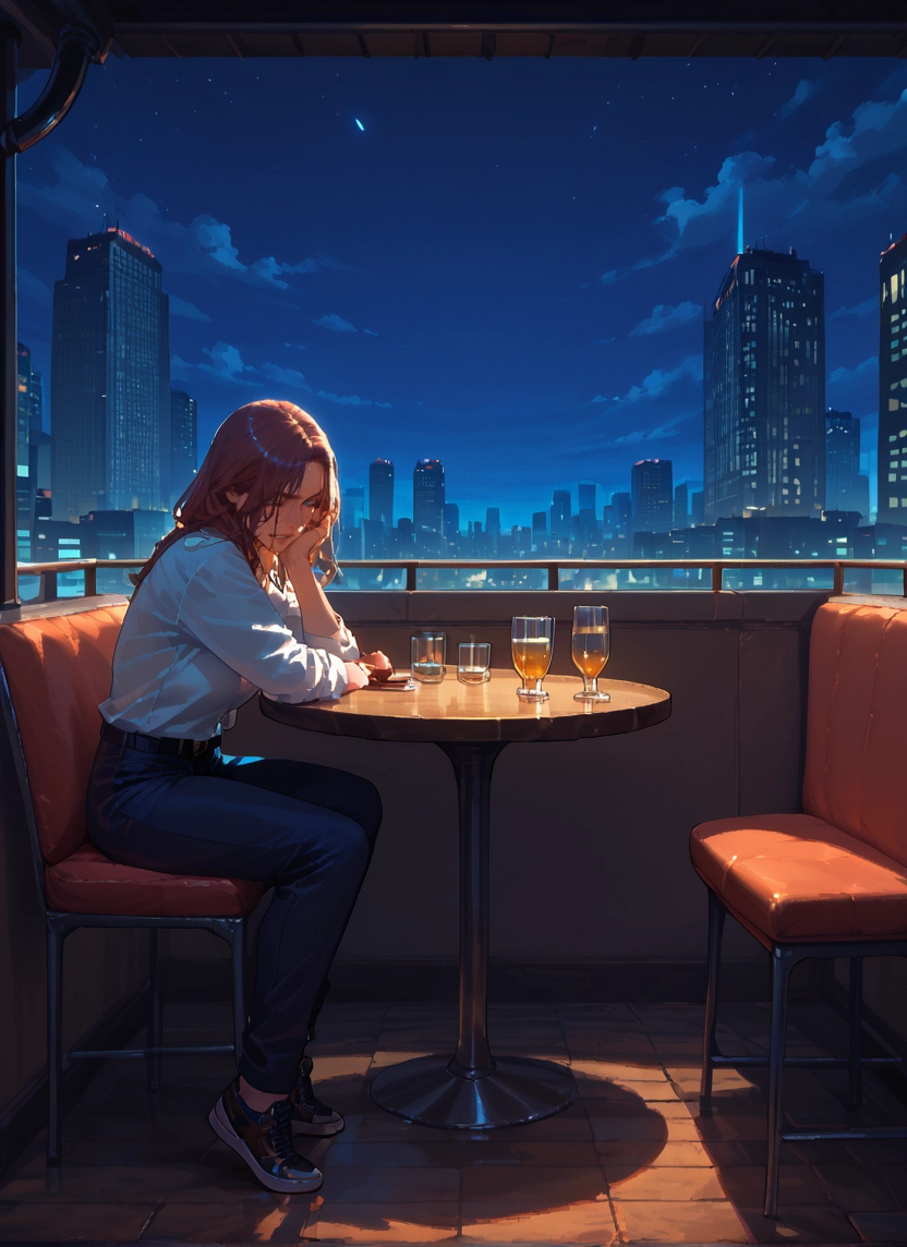 1girl, pants, cup, sitting, shirt, solo · Yamete.gg