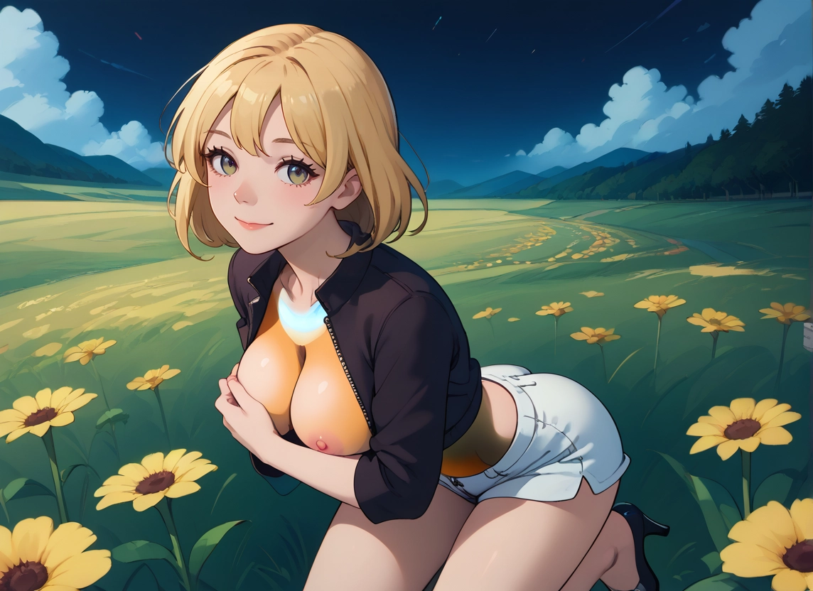 1girl, breasts, flower, nipples, solo, shorts · Yamete.gg